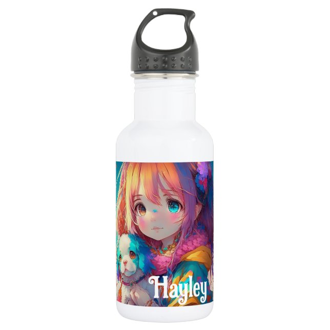 Personalisierte Anime Girl mit Welpe Edelstahlflasche (Vorderseite)