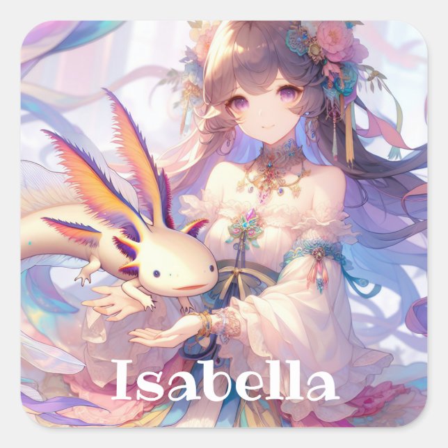Personalisierte Anime Girl und Axolotl Quadratischer Aufkleber (Vorderseite)