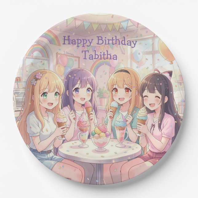 Personalisierte Anime-Mädchen-Eiscreme-Geburtstags Pappteller (Vorderseite)