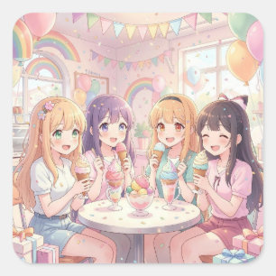 Personalisierte Anime-Mädchen-Eiscreme-Geburtstags Quadratischer Aufkleber