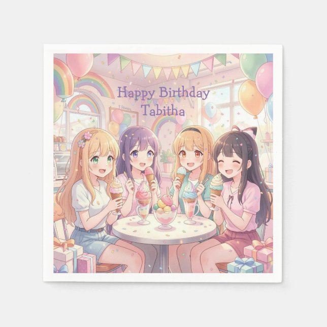 Personalisierte Anime-Mädchen-Eiscreme-Geburtstags Serviette (Vorderseite)