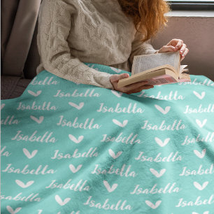 Personalisierte Aqua-Blau-Decke mit Herzen und Nam Fleecedecke