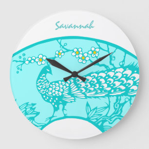 Personalisierte Aqua-Pfau-Vogel-Wanduhr Große Wanduhr