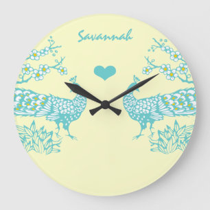 Personalisierte Aqua-Pfau-Vogel-Wanduhr Große Wanduhr