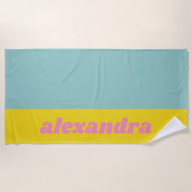 Personalisierte Aqua und Gelbe Retro Typografie Sp Strandtuch (Vorderseite)