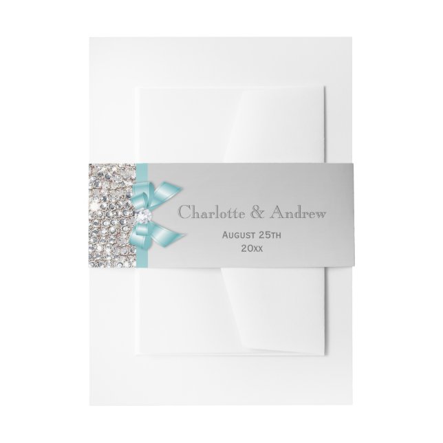 Personalisierte Aquamarine Bow & Diamonds Wedding Einladungsbanderole (Vorderseite Beispiel)