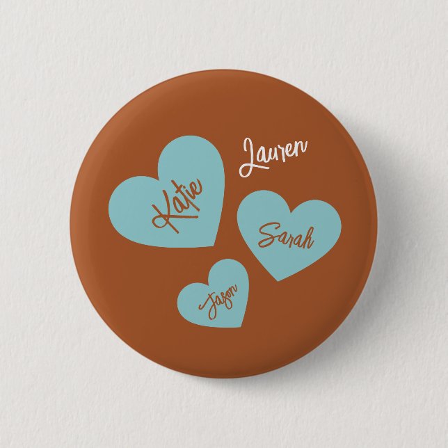Personalisierte Aquamarine Herzen mit Kindernamen Button (Vorderseite)