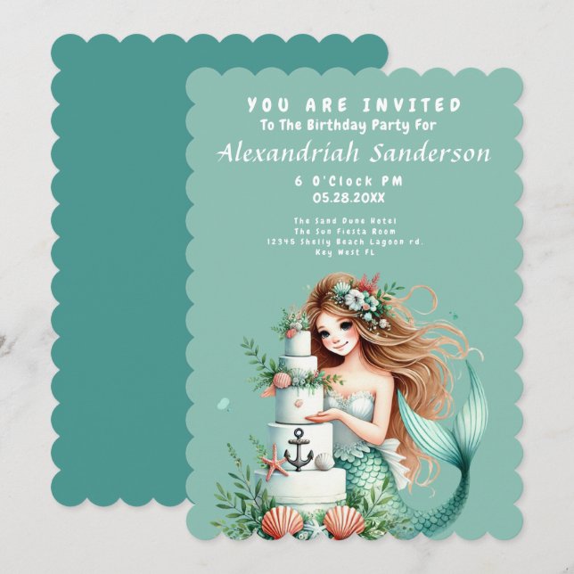 Personalisierte Aquamarine Mermaid Beach Birthday  Einladung (Vorne/Hinten)
