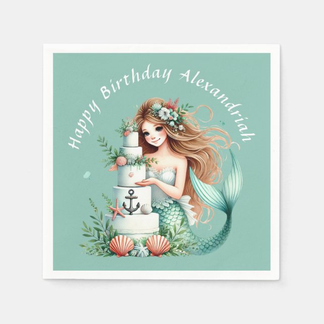 Personalisierte Aquamarine Mermaid Beach Birthday  Serviette (Vorderseite)