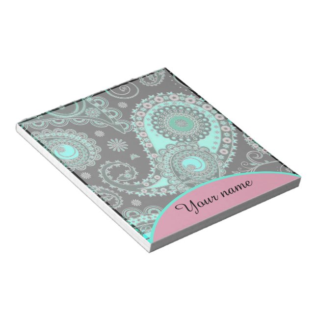 Personalisierte Aquamarine und rosa Paisley Notizblock (angewinkelt)