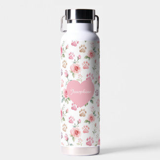 Personalisierte Aquarell-Rose- und Pfotenabdruck-F Trinkflasche