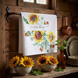 Personalisierte Aquarell-Sonnenblumen    Geschirrtuch