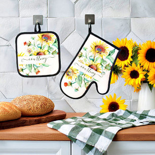 Personalisierte Aquarell-Sonnenblumen    Ofenhandschuh & Topflappen-Set