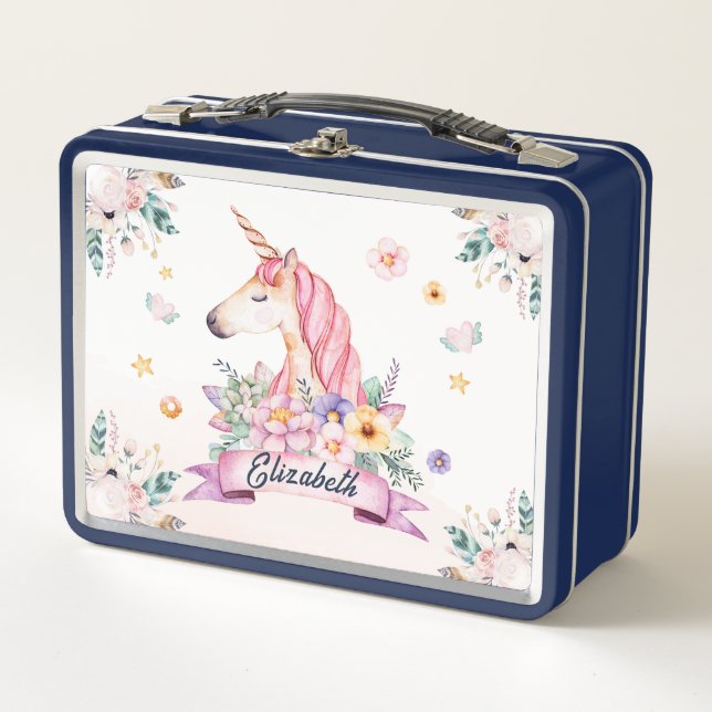 Personalisierte Aquarellbahn Blume Unicorn Metall Brotdose (Vorderseite)