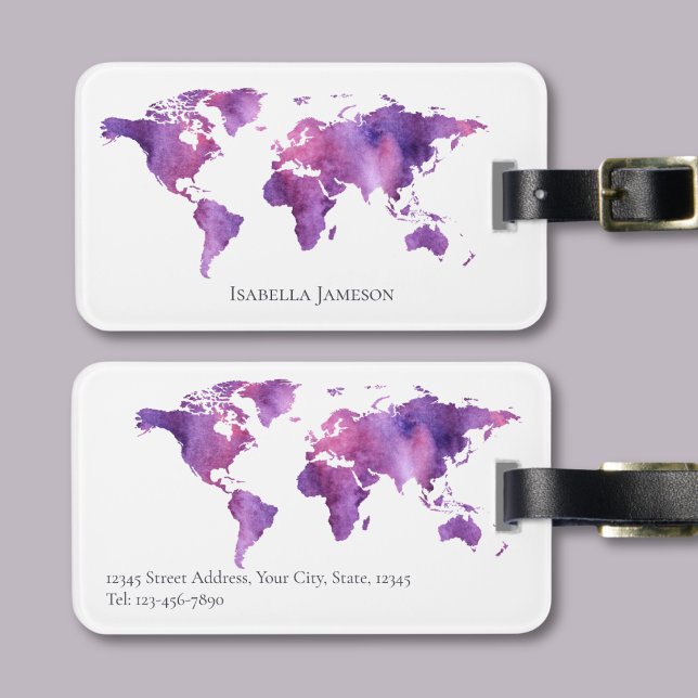 Personalisierte Aquarellbahn-Weltkarte Lila Rosa Gepäckanhänger (Von Creator hochgeladen)