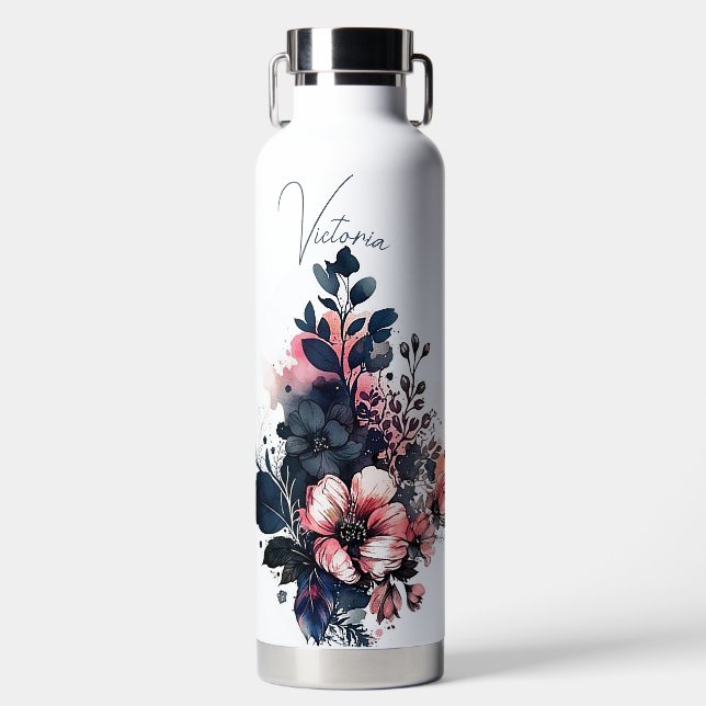 Personalisierte Aquarellblüte Trinkflasche (Vorderseite)