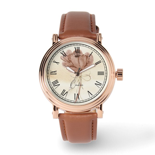 Personalisierte Aquarellbraun und Beige Armbanduhr (Vorderseite)