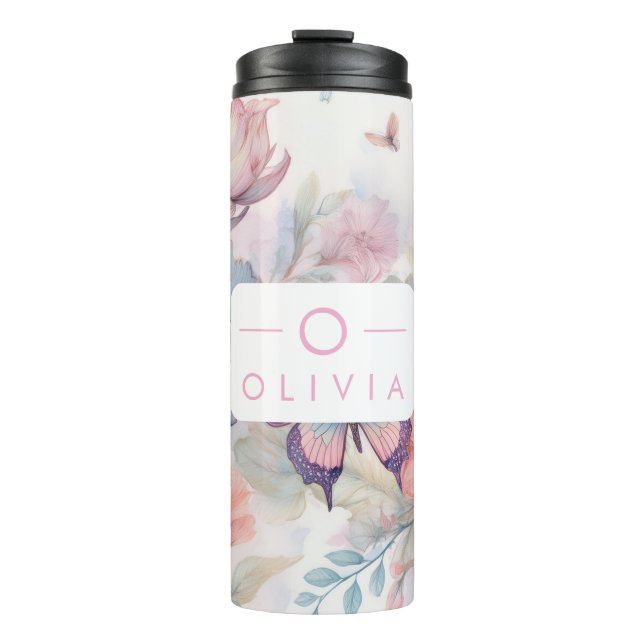 Personalisierte Aquarellfarbe mit Name und Monogra Thermosbecher (Vorderseite)