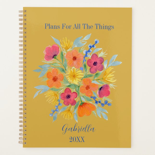 Personalisierte Aquarellfarben-Blume auf Gelb Planer (Vorderseite)