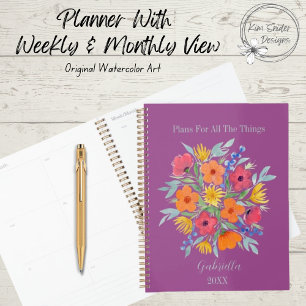 Personalisierte Aquarellfarben-Blume auf Lila Planer