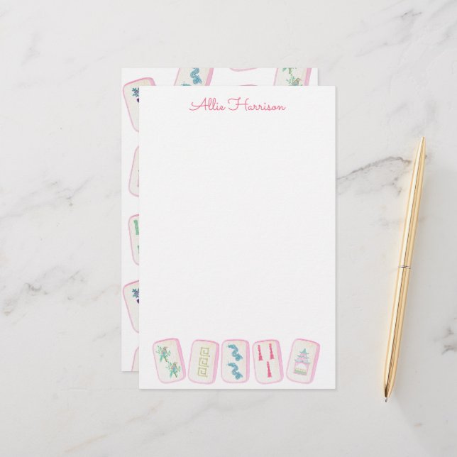 Personalisierte Aquarellfarben Pink & Green Mahjon Briefpapier (Vorderseite/Rückseite Beispiel)