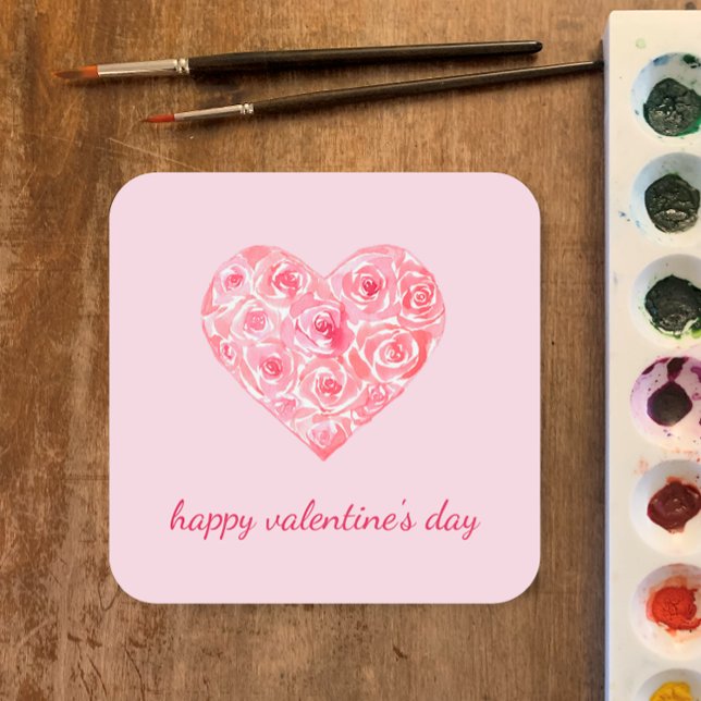 Personalisierte Aquarellfarben Rose Herzens Valent Quadratischer Aufkleber (My hand painted watercolor rose heart give a unique romantic touch to Valentine’s Day. Custom script)