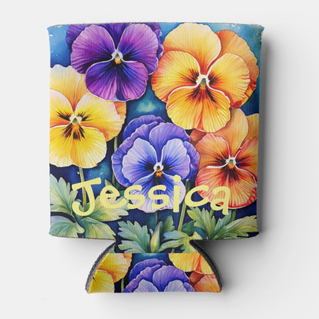 Personalisierte Aquarellfarben-Stiefmütterchen kön Dosenkühler (Vorderseite)