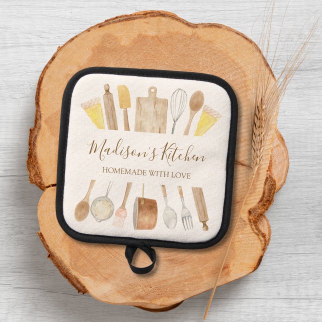 Personalisierte Aquarellküche Kochutensilien Topflappen (Close up)