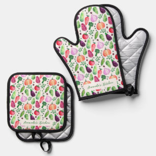 Personalisierte Aquarellpflanze Muster Ofenhandschuh & Topflappen-Set