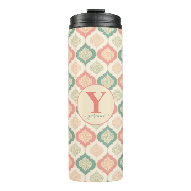Personalisierte Arabesque Koralle, Grün und Creme Thermosbecher (Vorderseite)