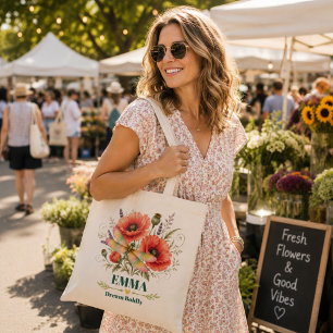 Personalisierte August-Geburtsblume Libelle Mohn Tragetasche