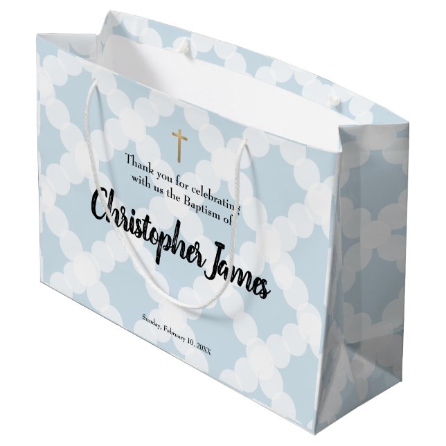 Personalisierte Baby Boy Taufe Blue Gold Cross Große Geschenktüte (Rückseite Schrägansicht)