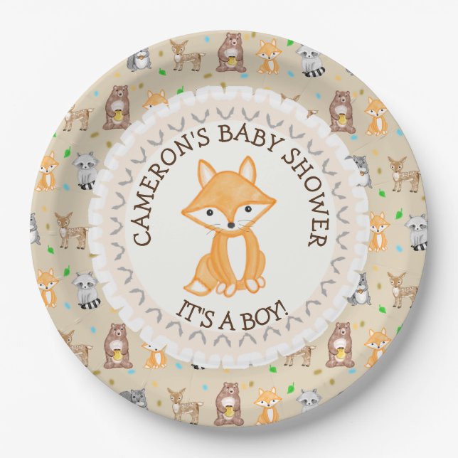 Personalisierte Baby Dusche Teller Woodland Themed (Vorderseite)