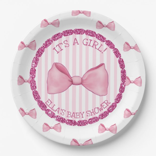 Personalisierte Baby-Duschpapier-Teller rosa Bogen Pappteller (Vorderseite)