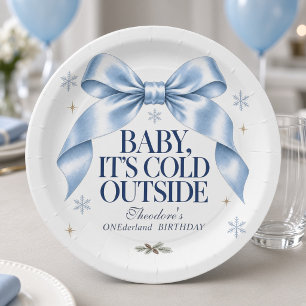 Personalisierte Baby It's Cold Outside Blaues Band Pappteller