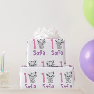 Personalisierte Baby-Katze Kariert erster Geburtst Geschenkpapier