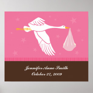 Personalisierte Baby Wall Art - Storch/Rosa & Brau Poster