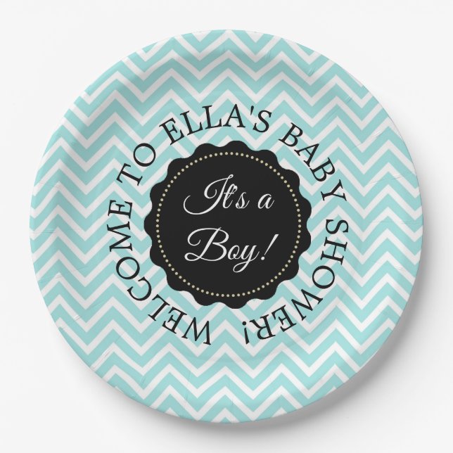 Personalisierte Babydusche Aquamarine Zickzack Pap Pappteller (Vorderseite)