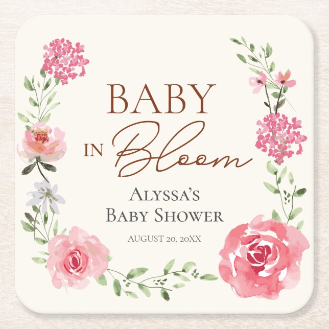 Personalisierte Babydusche bevorzugt Baby in Blüte Rechteckiger Pappuntersetzer (Vorderseite)