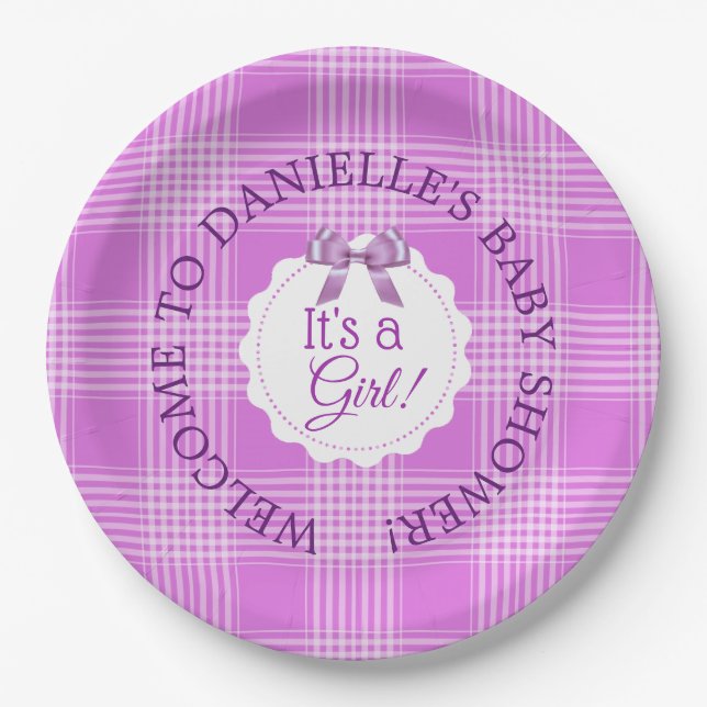 Personalisierte Babydusche Lila Kariert Paper Tell Pappteller (Vorderseite)