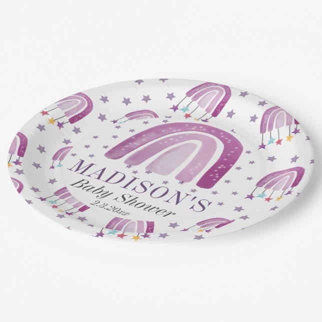 Personalisierte Babydusche Lila Rainbow Pappteller (Schrägansicht)