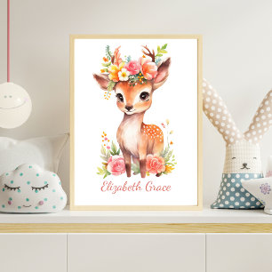 Personalisierte Babyhirsch-Rosa-Blumen-Kinderzimme Poster