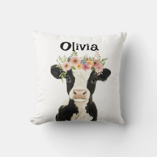 Personalisierte Babykuh mit Blumenkranz Kissen