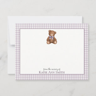 Personalisierte Babynotizkarten Lila Teddybär Mitteilungskarte
