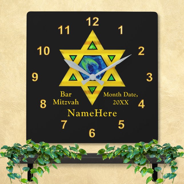 Personalisierte Bar Mitzvah-Geschenke, Star von Da Quadratische Wanduhr (Star of David Clocks. Bar Mitzvah Gifts. Bar Mitzvah Wall Clock. Bar Mitzvah gifts personalized.)