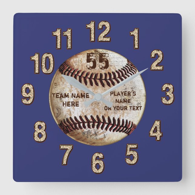 Personalisierte Baseballuhr, IHRER TEXT und FARBEN Quadratische Wanduhr (Vorderseite)