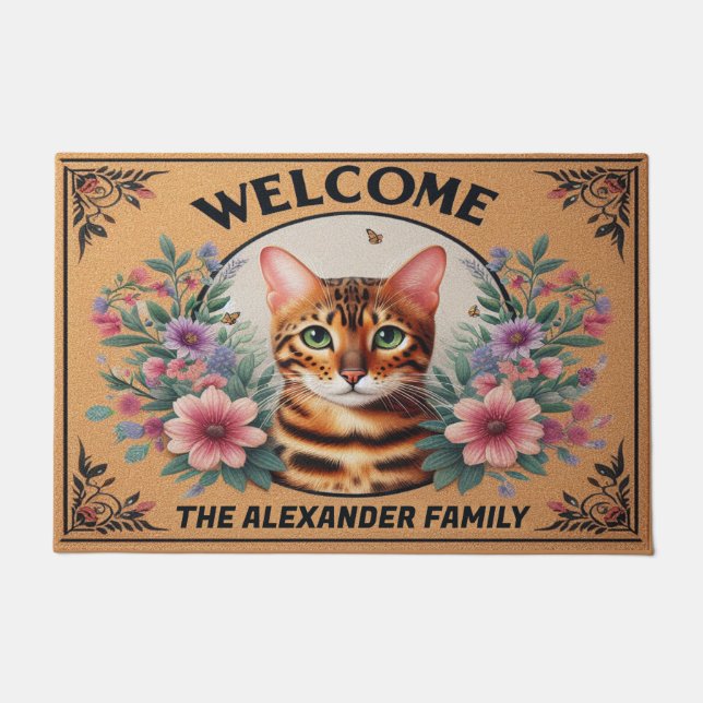 Personalisierte Bengalische Katze Floral Willkomme Fußmatte (Vorderseite)