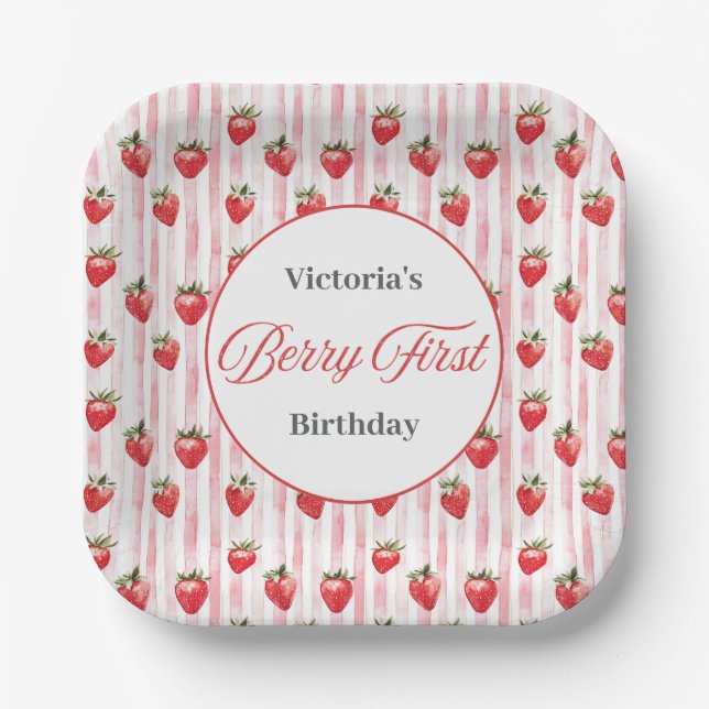 Personalisierte "Berry First" Birthday Square Tell Pappteller (Vorderseite)