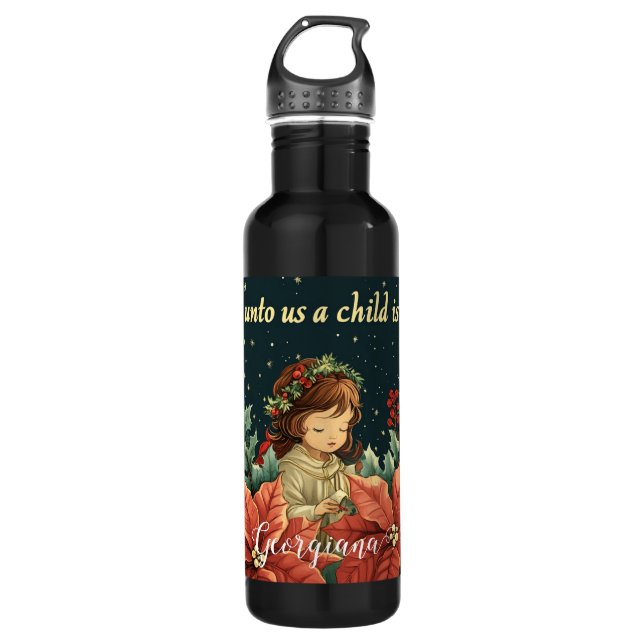 Personalisierte biblische Geburt Kind & Verse Edelstahlflasche (Vorderseite)
