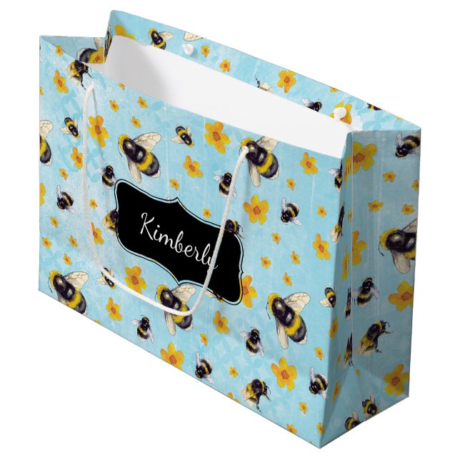 Personalisierte Bienen und Blume Große Geschenktüte (Vorderseite Schrägansicht)
